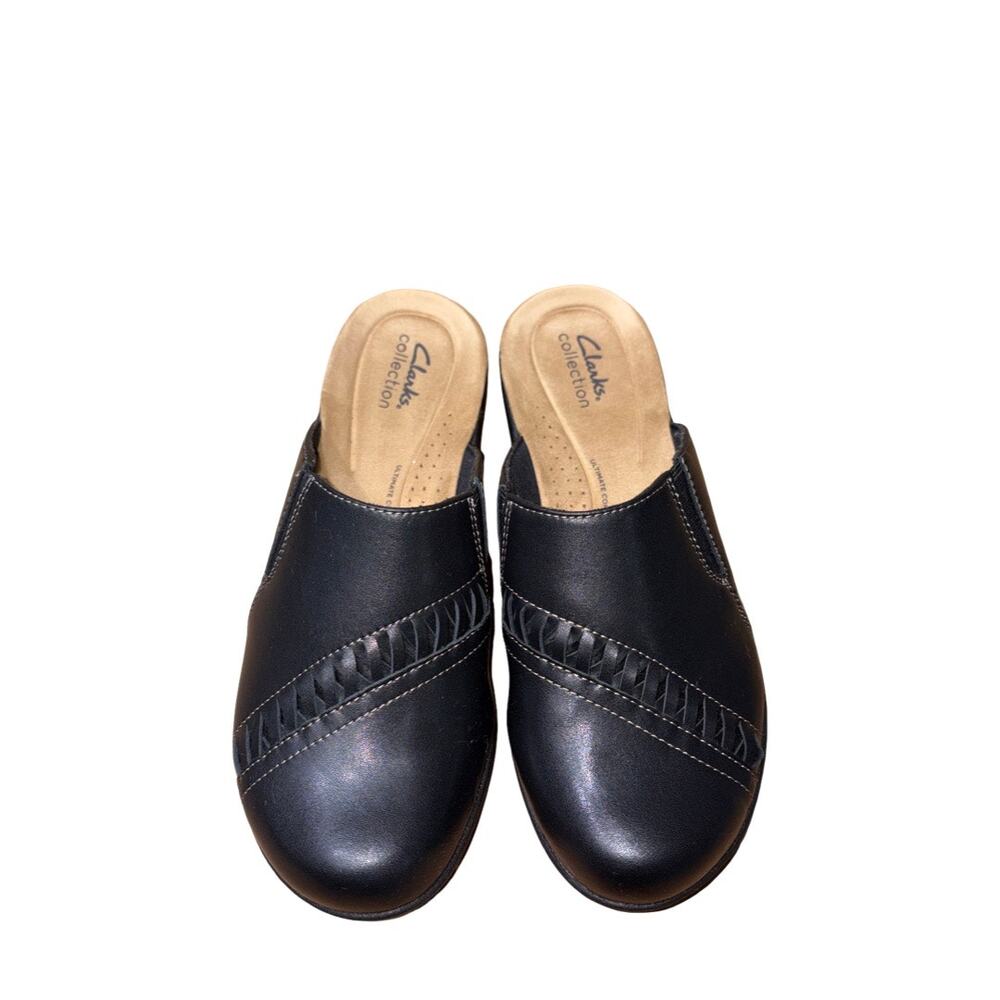 Clarks Collection Laurieann Lux Black Leather Mules Size: US 10M